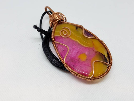 Pure Copper Woven Wire Framed Pendant Wrapped Wire Teardrop Calcedony Pink Yellow Quartz Cabochon Slice