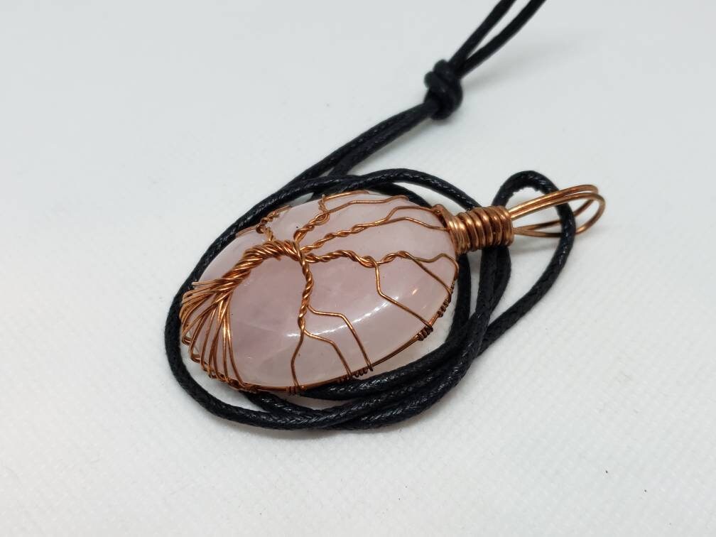 Pure Copper Woven Wire Framed Pendant Wrapped Wire Tree of Life Pink and Clear Rose Quartz Cabochon