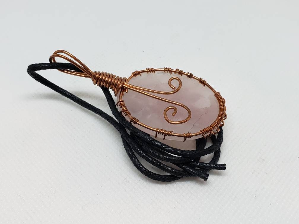 Pure Copper Woven Wire Framed Pendant Wrapped Wire Tree of Life Pink and Clear Rose Quartz Cabochon