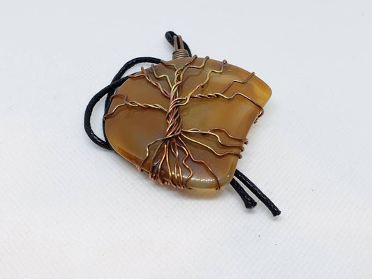 Pure Copper Woven Wire Framed Pendant Wrapped Wire Tree of Life Brown and Clear Quartz Cabochon