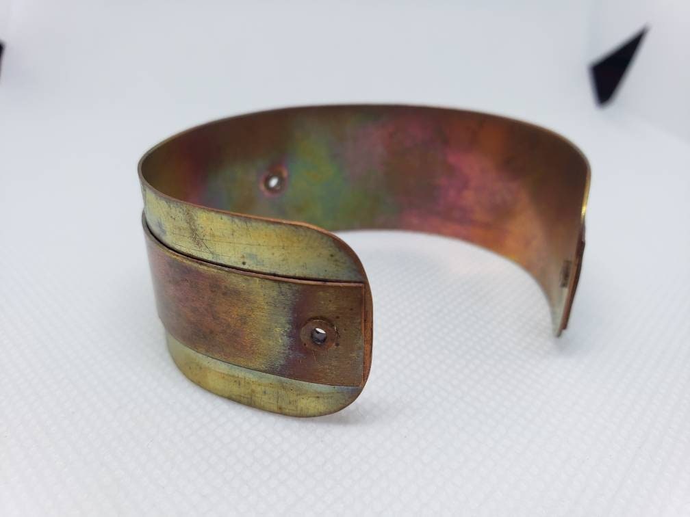 Copper Tube Riveted Grommet Cuff Bracelet Heat Patina