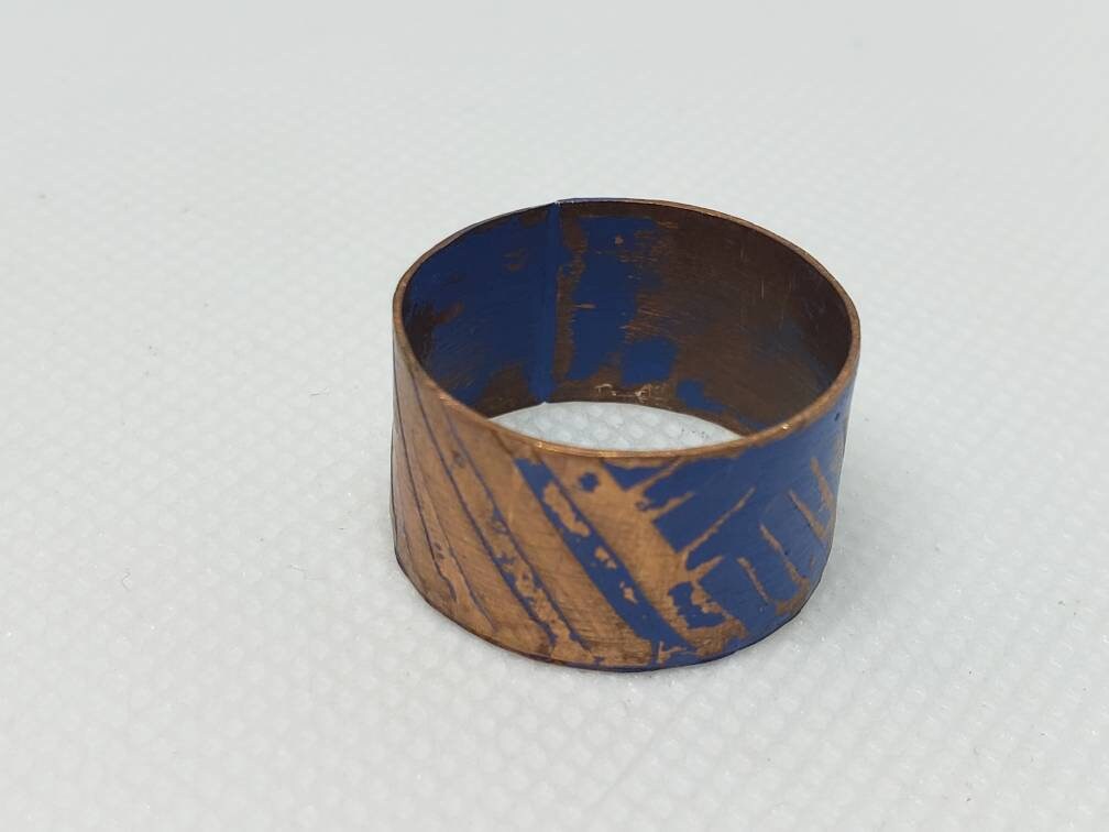 Pure Copper Sheet Wrapped Wide Band Ring Etched Blue Steampunk Women's Size 10.5