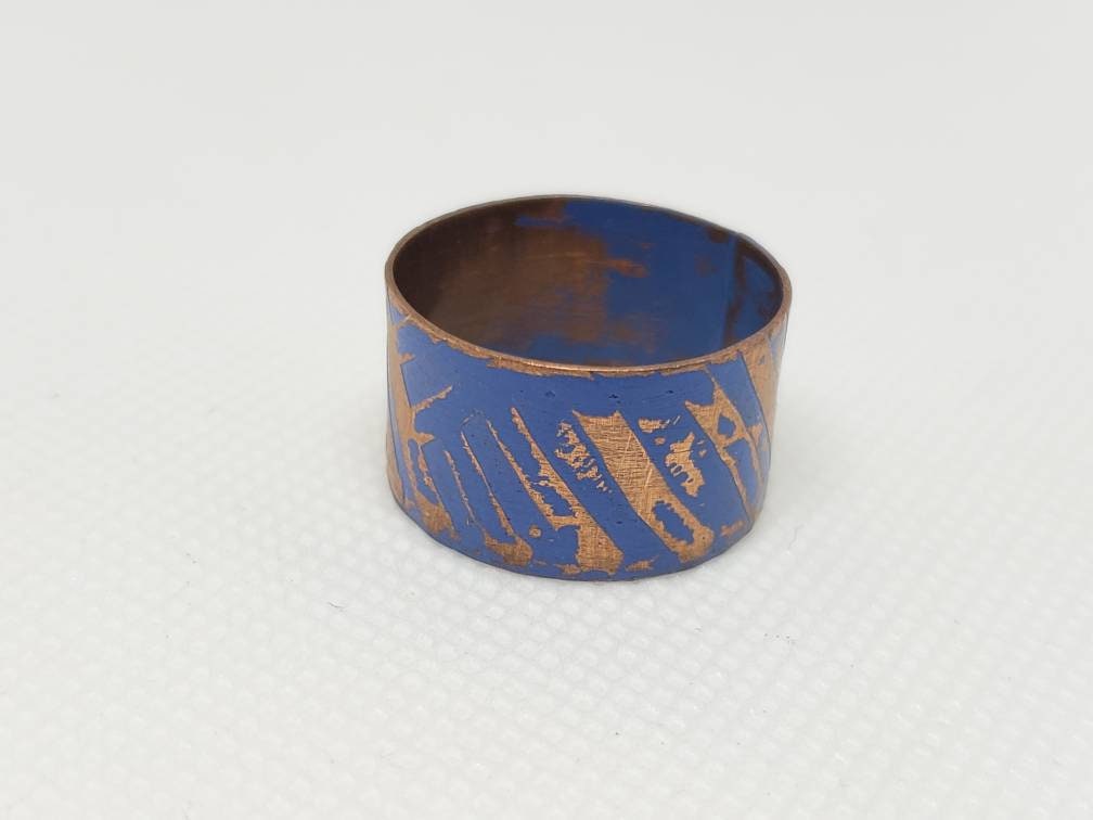 Pure Copper Sheet Wrapped Wide Band Ring Etched Blue Steampunk Women's Size 10.5