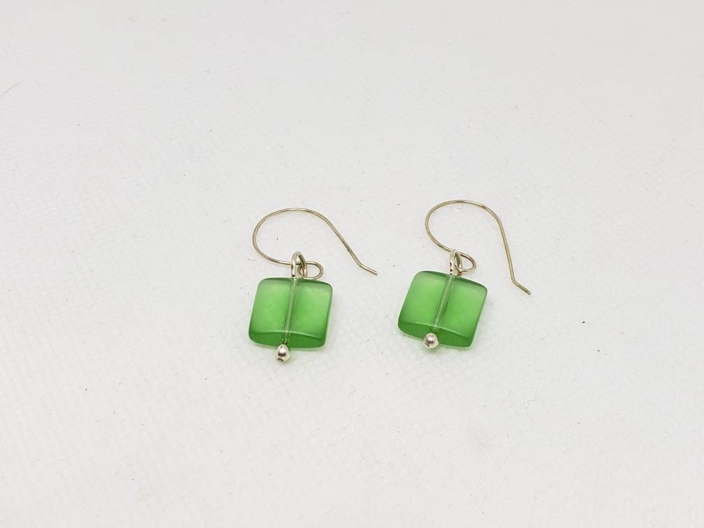 Green Sea Glass Bead Elbow Bend Drop Earrings Fine Silver Hooks