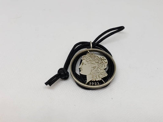 Silver Morgan Dollar Coin Cut Out Pendant 1921 Hand Cut Cotton Cord