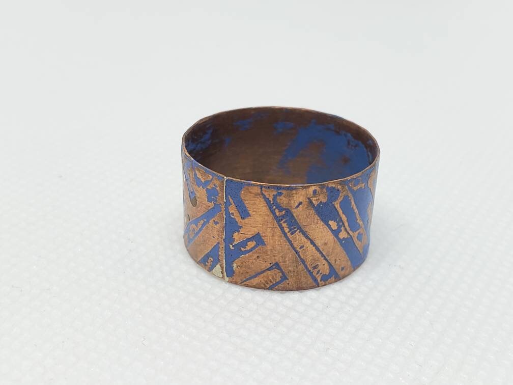 Pure Copper Sheet Wrapped Wide Band Ring Etched Blue Steampunk Women's Size 10.5