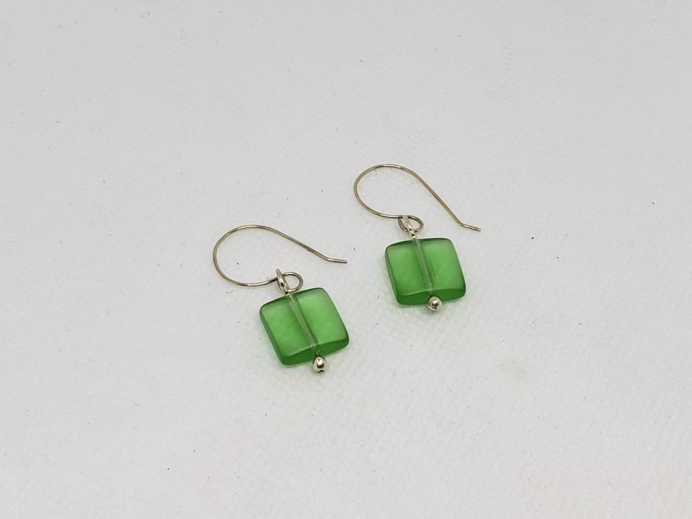 Green Sea Glass Bead Elbow Bend Drop Earrings Fine Silver Hooks