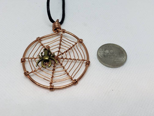 Pure Copper Twisted Wire Spider Web and Spider Pendant Ornament Halloween Fun