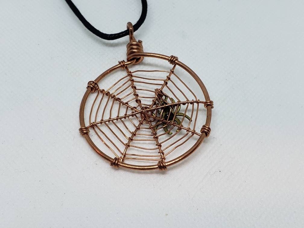 Pure Copper Twisted Wire Spider Web and Spider Pendant Ornament Halloween Fun