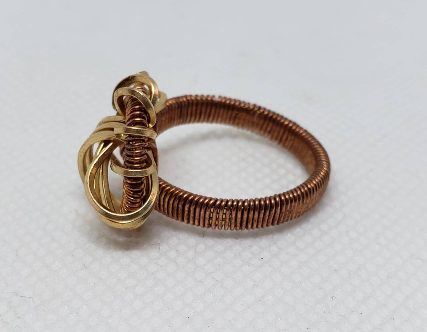 Round Copper and Square Brass Wire Wrapped Ring Women's Size 8 3/4 Elegant Wrap