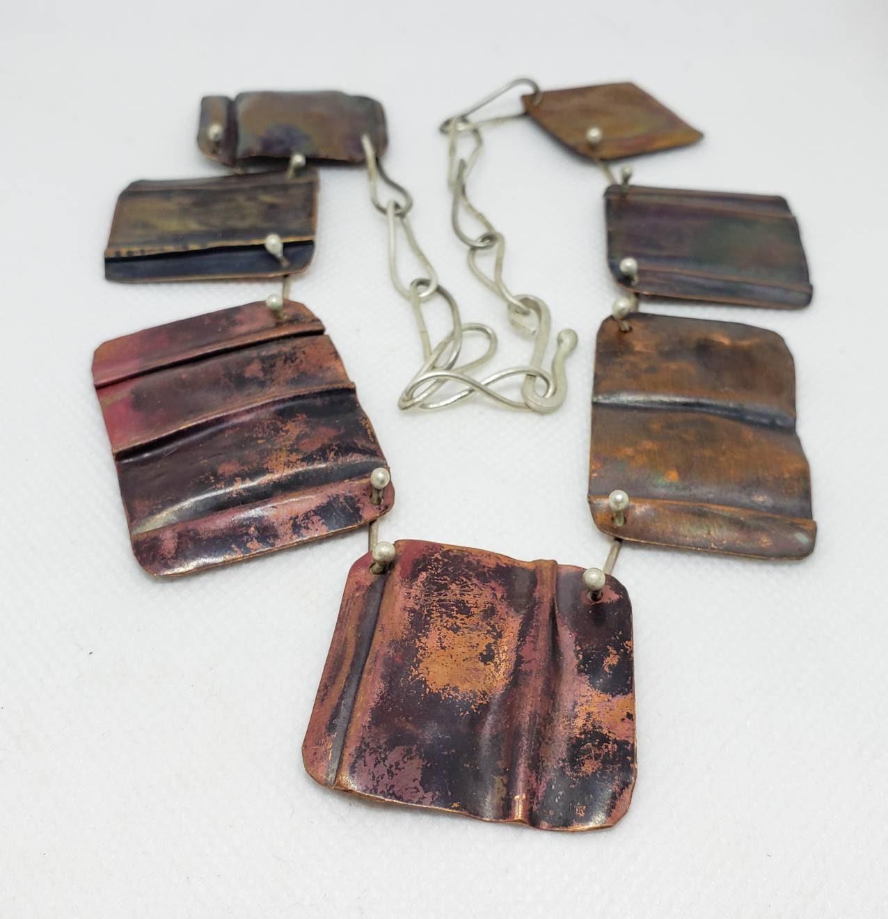 Sterling Silver and Folded Copper Necklace Patina Statement Piece 20 Inches Adjustable