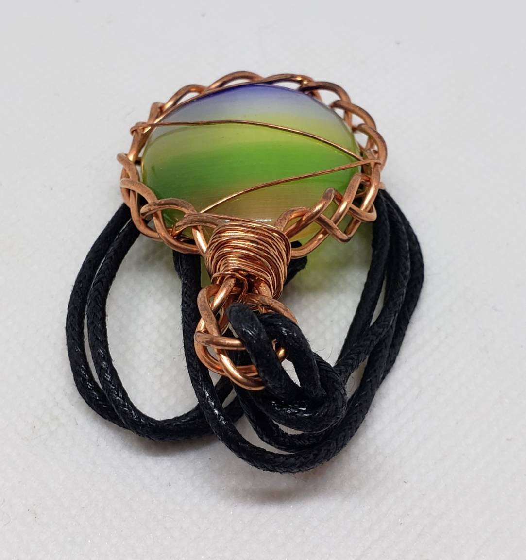 Copper Twisted Wire Rainbow Tiger's Eye Pendant Wrapped Cabochon Cotton Cord