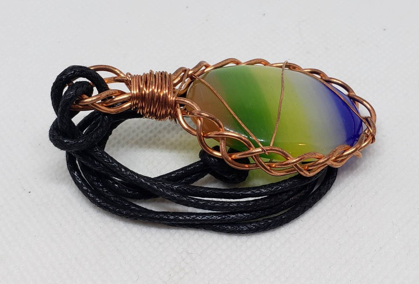 Copper Twisted Wire Rainbow Tiger's Eye Pendant Wrapped Cabochon Cotton Cord