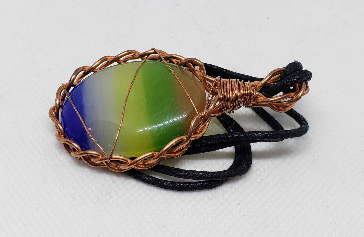 Copper Twisted Wire Rainbow Tiger's Eye Pendant Wrapped Cabochon Cotton Cord