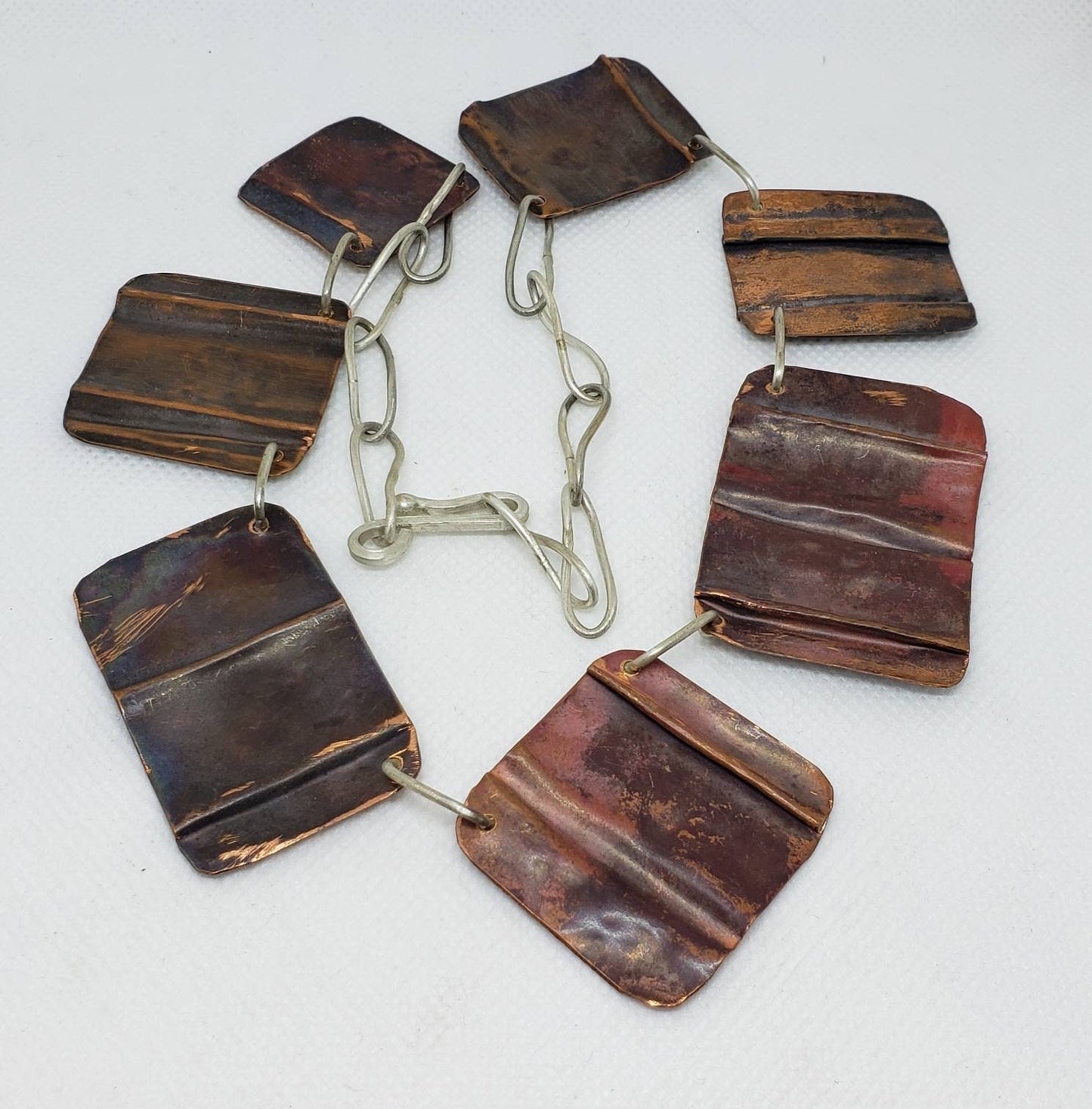 Sterling Silver and Folded Copper Necklace Patina Statement Piece 20 Inches Adjustable