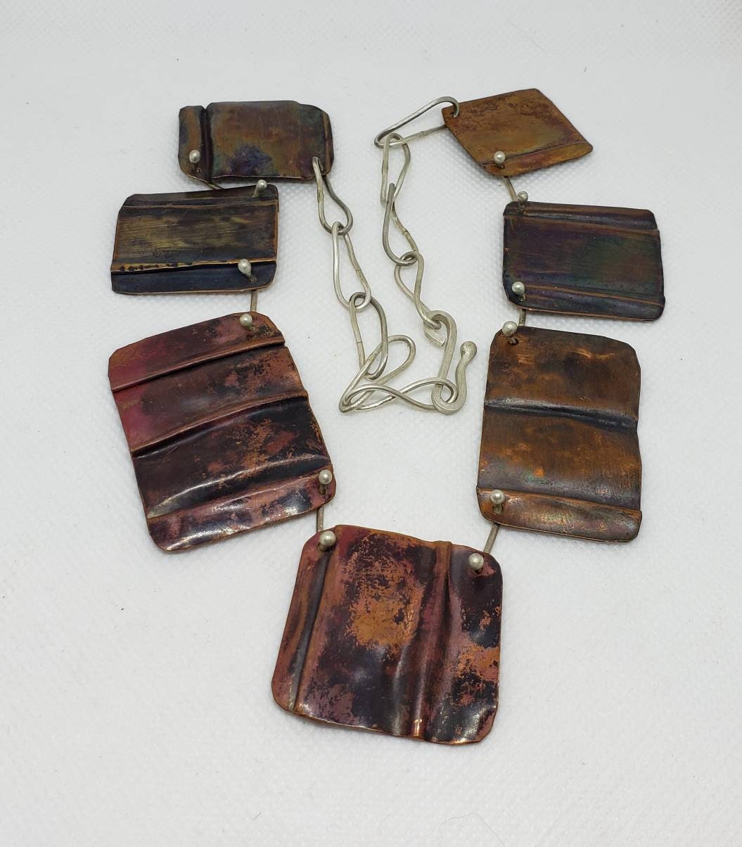 Sterling Silver and Folded Copper Necklace Patina Statement Piece 20 Inches Adjustable