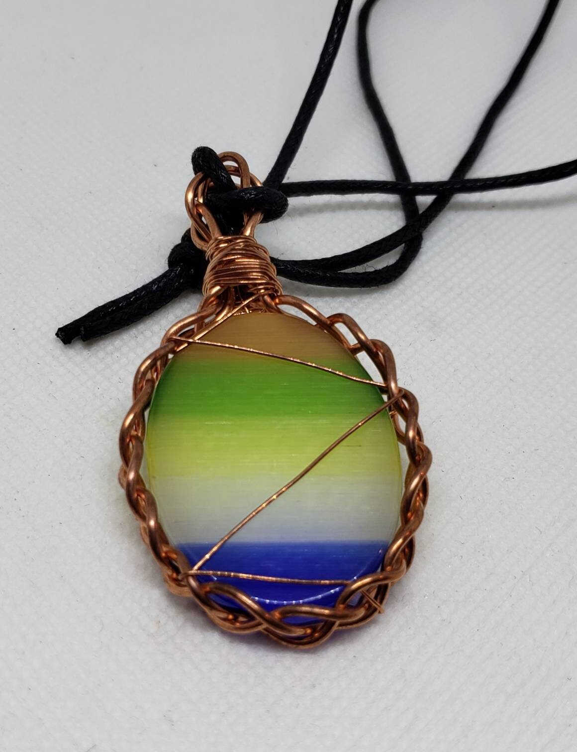 Copper Twisted Wire Rainbow Tiger's Eye Pendant Wrapped Cabochon Cotton Cord