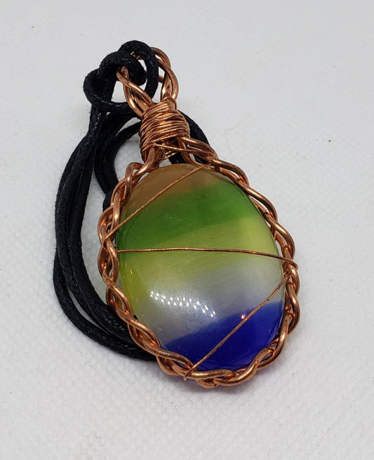 Copper Twisted Wire Rainbow Tiger's Eye Pendant Wrapped Cabochon Cotton Cord