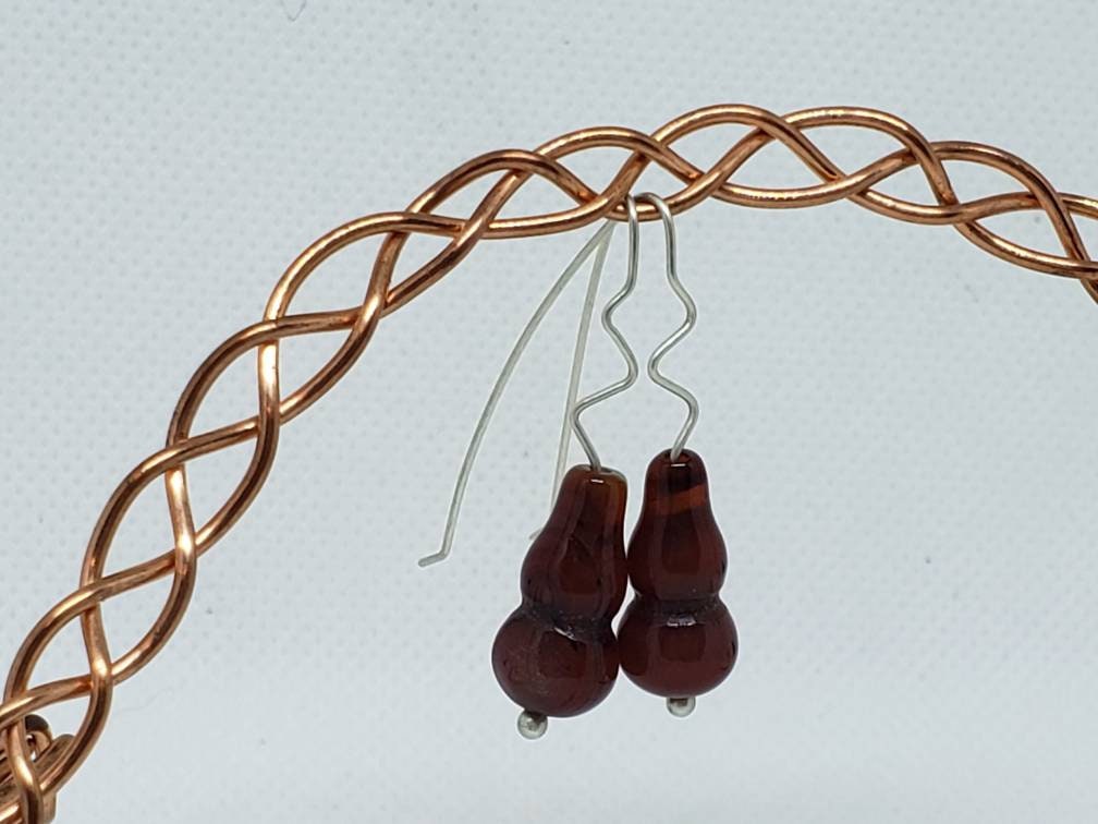 Brown Agate Bead Squiggle Elbow Bend Drop Earrings Fine Silver Hooks