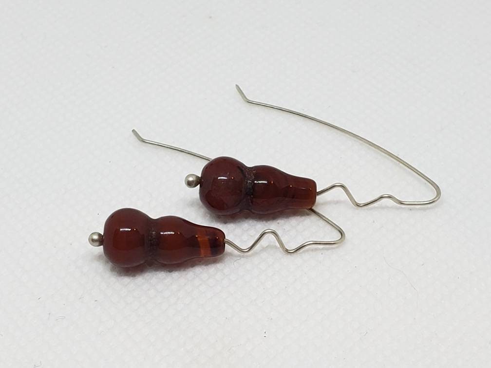 Brown Agate Bead Squiggle Elbow Bend Drop Earrings Fine Silver Hooks