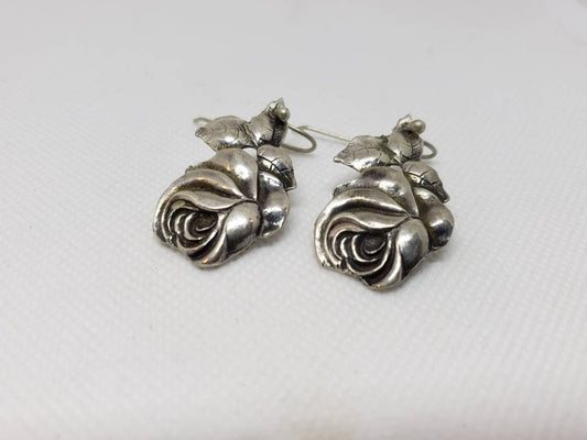 Sterling Silver Floral Drop Earrings Sterling Rose Drop Hooks Recycled Brooch Parts