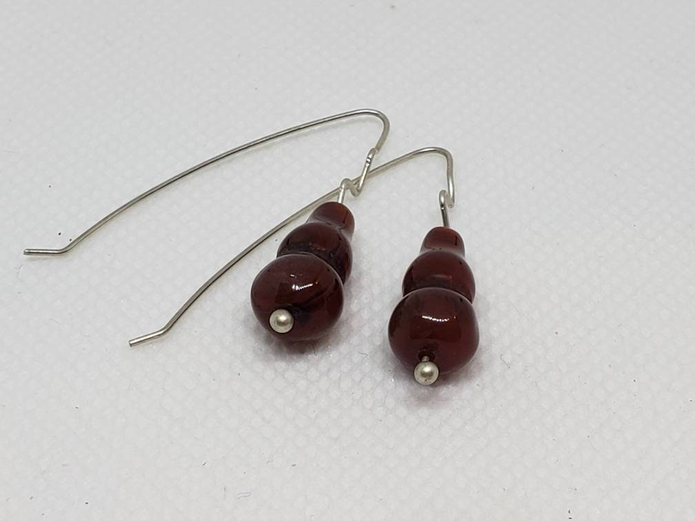 Brown Agate Bead Squiggle Elbow Bend Drop Earrings Fine Silver Hooks