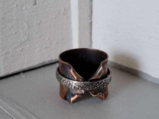 Corsetted Copper Band Decorative Half Round Sterling Silver Spinner Ring Women's Size 8