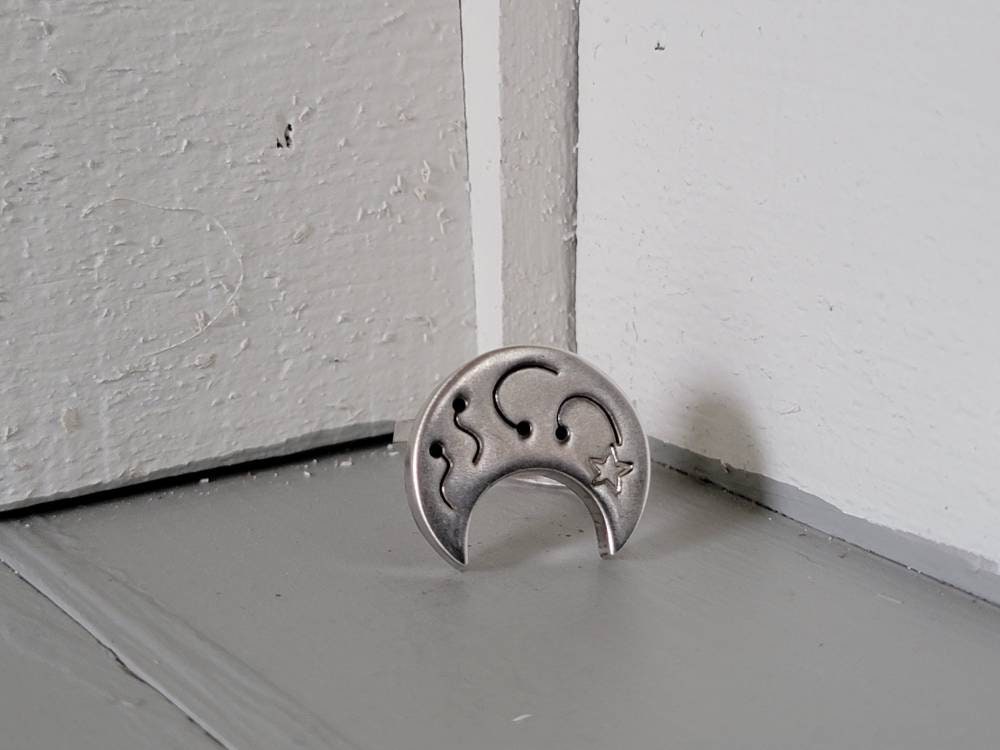 Sterling Silver Repurposed Earring and Bracelet Ring Size 9 Steampunk Recycled Stylized  Moon Design Hollow Construction