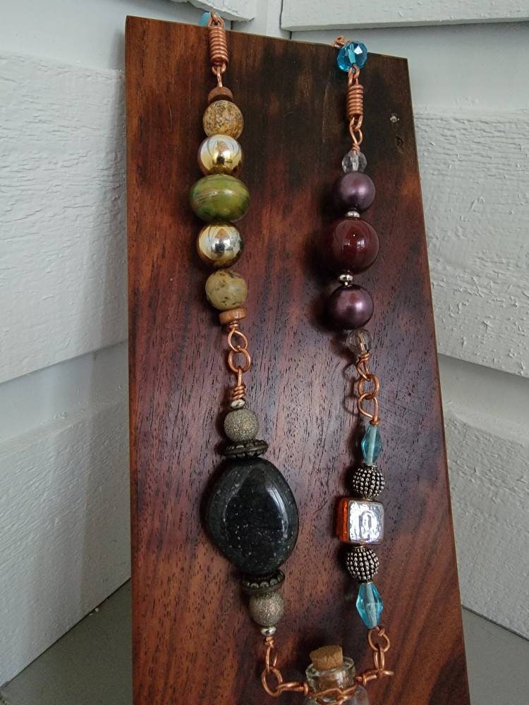 Recycled Vintage Beads Copper Wired Necklace with Glass Wishing Bottle Apothecary