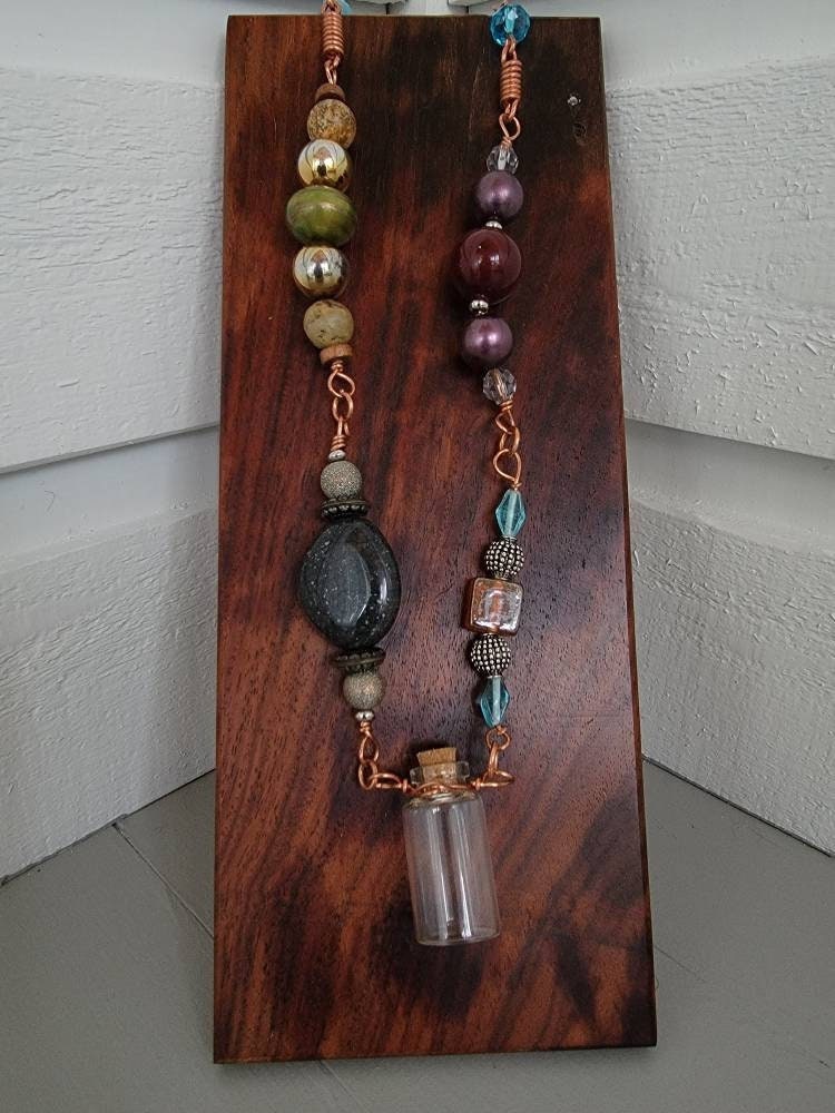 Recycled Vintage Beads Copper Wired Necklace with Glass Wishing Bottle Apothecary