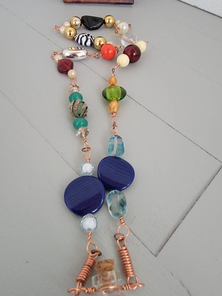 Recycled Vintage Beads Copper Wired Necklace with Glass Wishing Bottle Apothecary