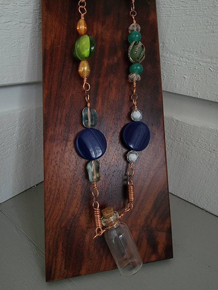 Recycled Vintage Beads Copper Wired Necklace with Glass Wishing Bottle Apothecary