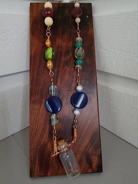 Recycled Vintage Beads Copper Wired Necklace with Glass Wishing Bottle Apothecary