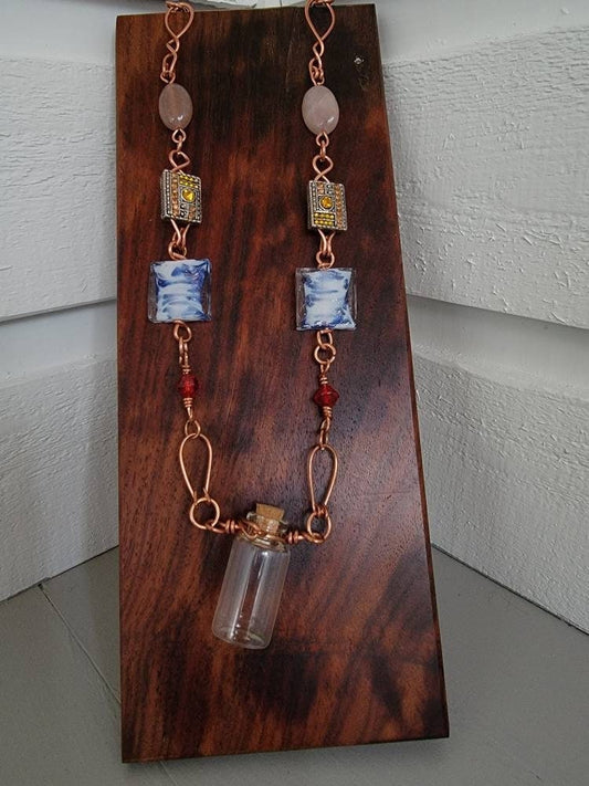 Recycled Vintage Beads Copper Wired Necklace with Glass Wishing Bottle Apothecary