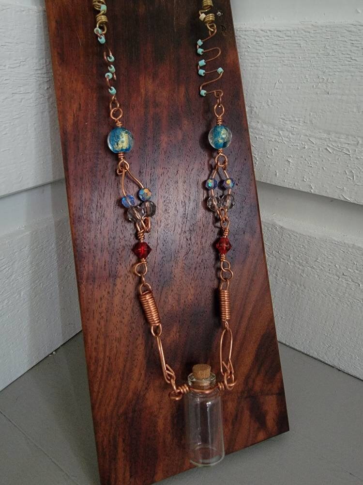 Recycled Vintage Beads Copper Wired Necklace with Glass Wishing Bottle Apothecary