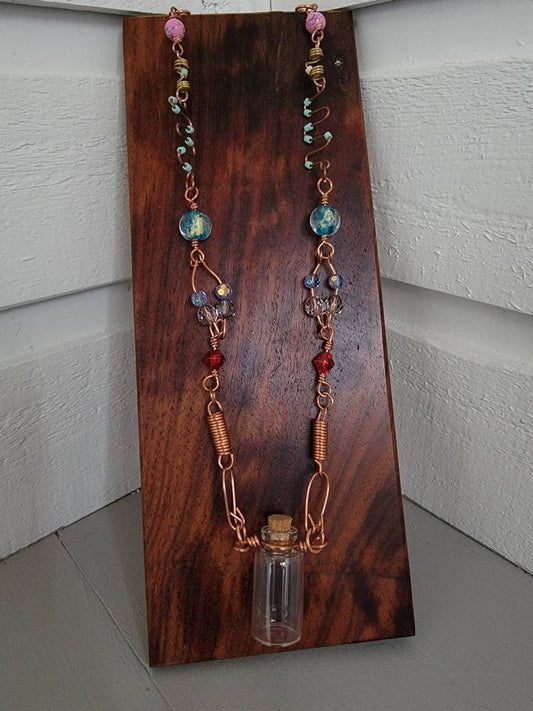 Recycled Vintage Beads Copper Wired Necklace with Glass Wishing Bottle Apothecary