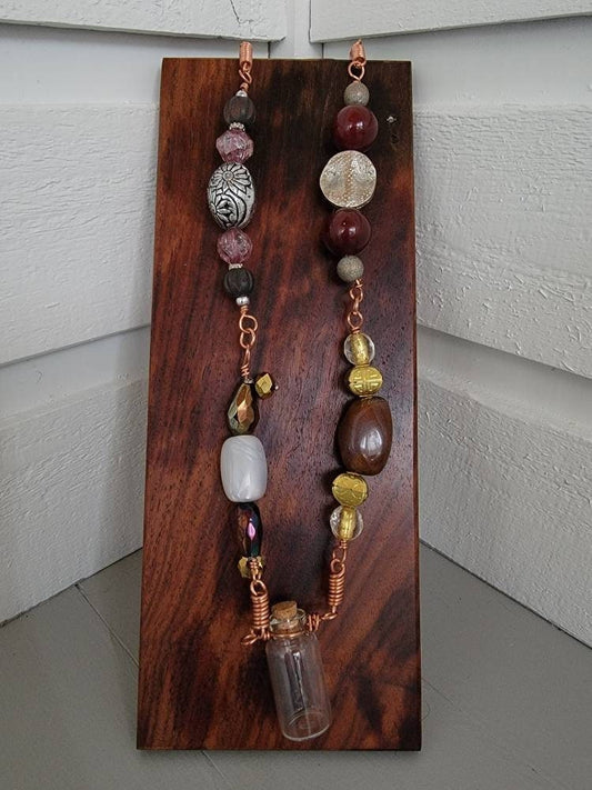 Recycled Vintage Beads Copper Wired Necklace with Glass Wishing Bottle Apothecary