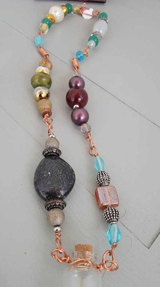 Recycled Vintage Beads Copper Wired Necklace with Glass Wishing Bottle Apothecary