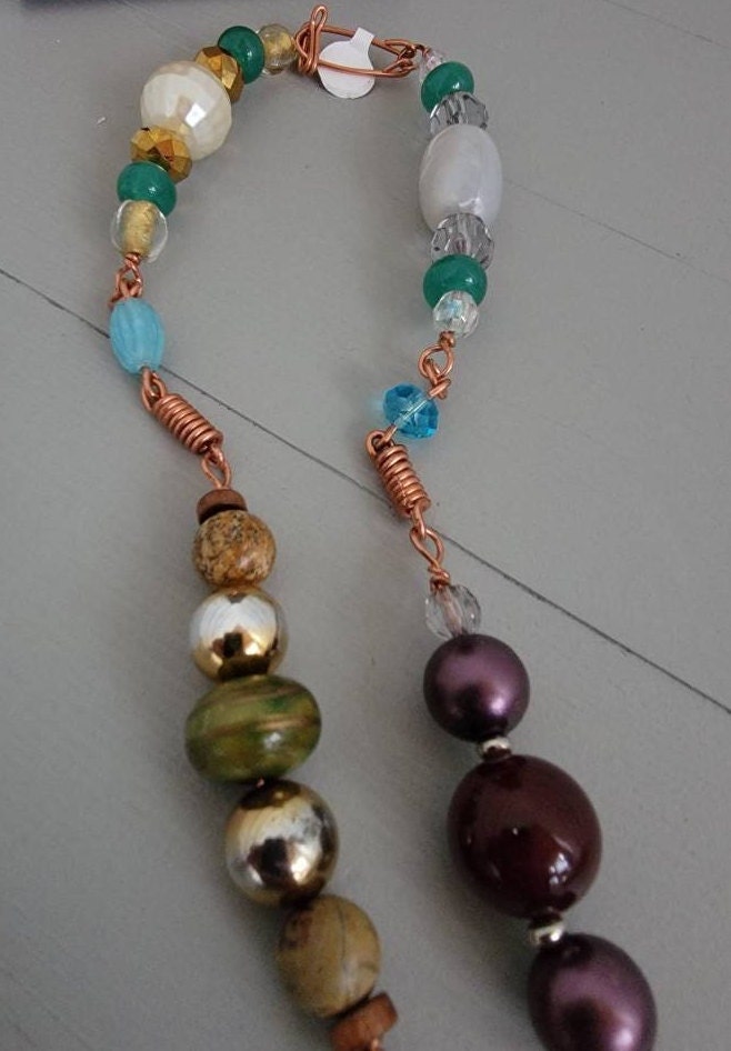 Recycled Vintage Beads Copper Wired Necklace with Glass Wishing Bottle Apothecary