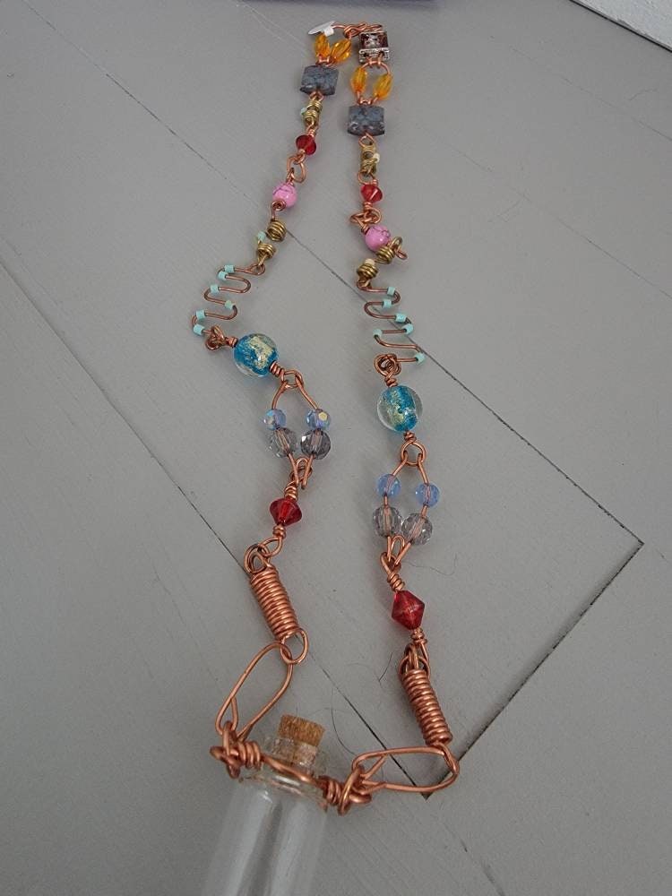 Recycled Vintage Beads Copper Wired Necklace with Glass Wishing Bottle Apothecary